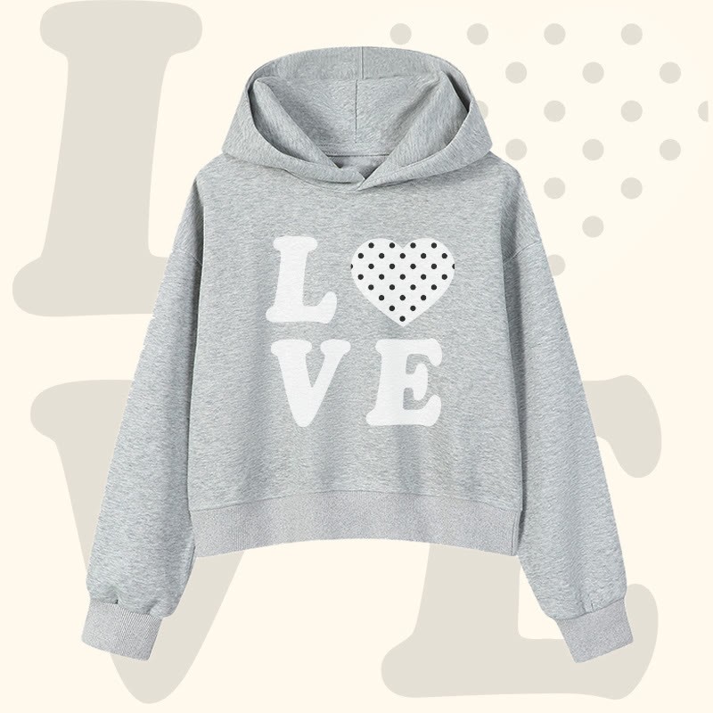 Modakawa Cropped Cotton Hoodie mit Polka-Dot-Herz-LOVE-Grafik - Grey - 3XL - image 3