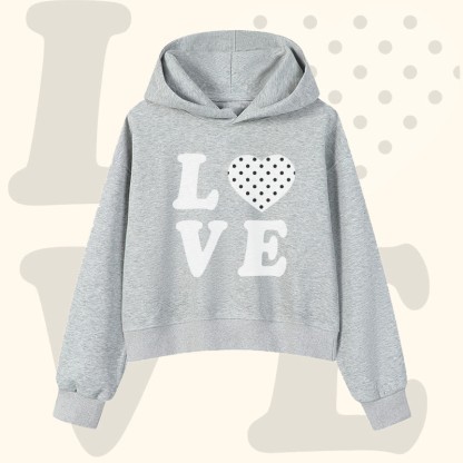 Modakawa Cropped Cotton Hoodie mit Polka-Dot-Herz-LOVE-Grafik - Grey - 3XL - image 3