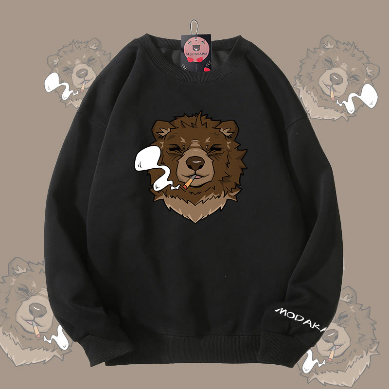MODAKAWA Smoking Bear Graphic Unisex Sweatshirt - Black - 5XL - image 4