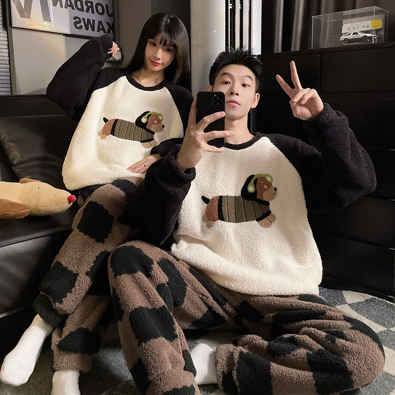 Niedliche Paar-Pyjamas aus Korallenfleece mit Cartoon-Motiv - Schwarz Weiß - Men:3XL - image 6