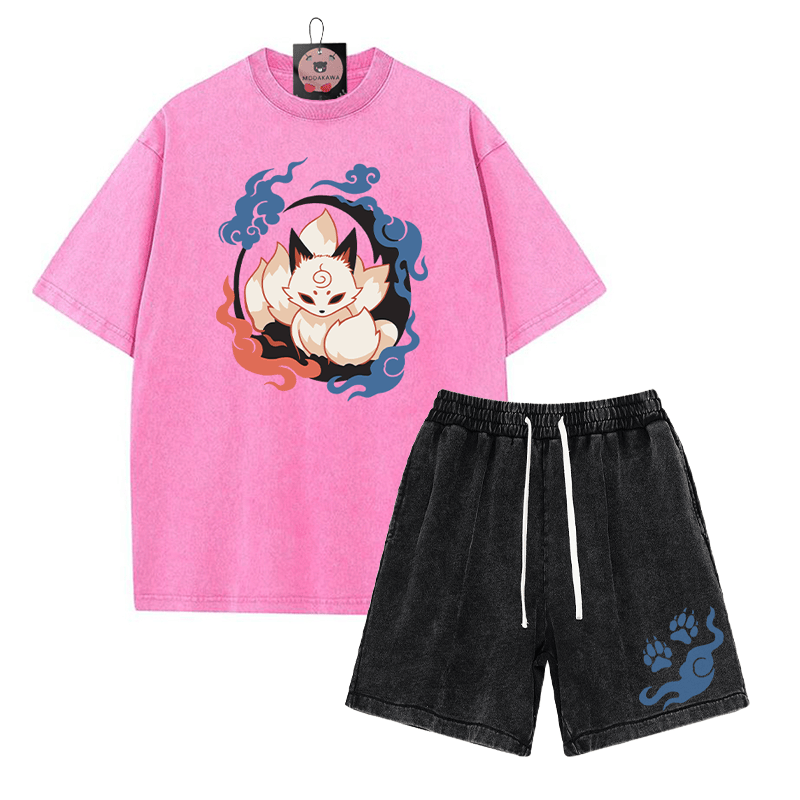 Neunschwänziges Fuchs-T-Shirt, Paw Flame-Shorts, Vintage-gewaschene Streetwear, zweiteiliges Set - Rose Red&Black - 3XL - image 10