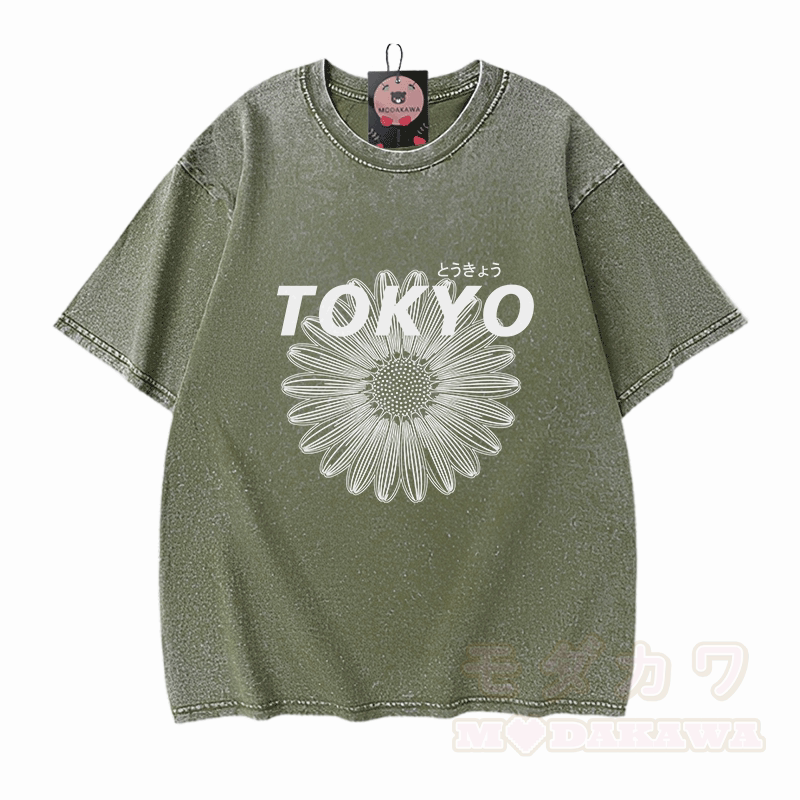 TOKYO Blumengrafik Modakawa Vintage gewaschenes T-Shirt aus 100% Baumwolle - Grün - 5XL - image 8