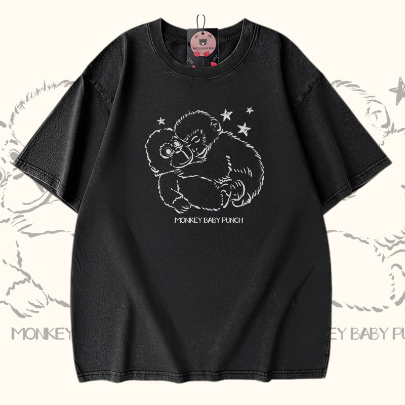 MONKEY BABY PUNCH Modakawa Vintage Washed 100% Cotton T-Shirt - Black - 5XL - image 2