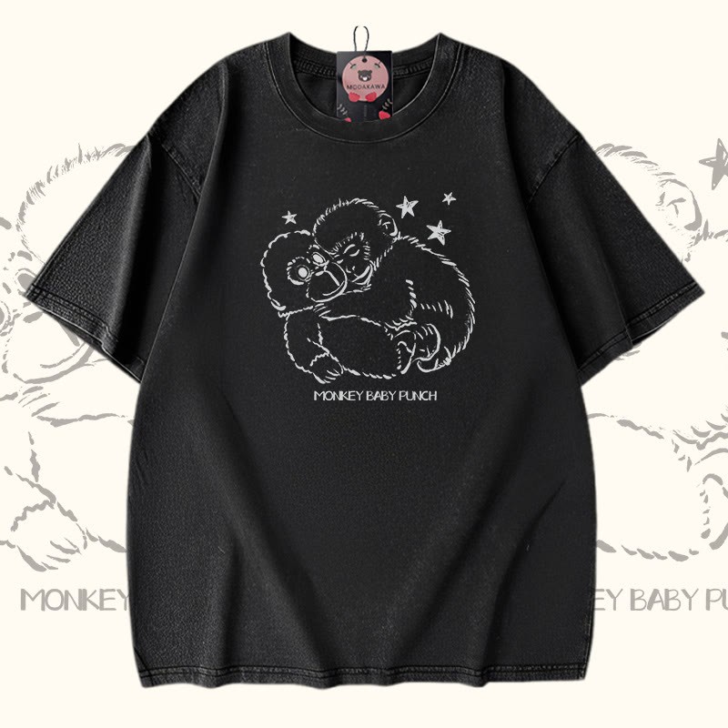 MONKEY BABY PUNCH Modakawa Vintage Washed 100% Cotton T-Shirt - Black - 5XL - image 2