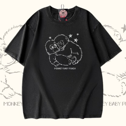 MONKEY BABY PUNCH Modakawa Vintage Washed 100% Cotton T-Shirt - Black - 5XL - image 2