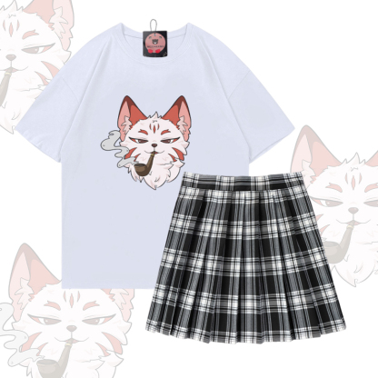 Zweiteiliges Set von Modakawa: T-Shirt mit Raucher-Fuchs-Motiv aus 100 % Baumwolle, karierter Rock - White & Black - 5XL - image 2