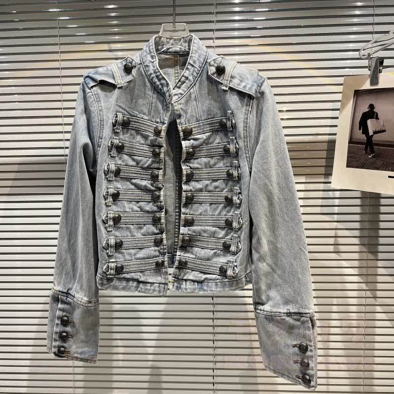 Hochwertige Vintage-Jeansjacke mit doppelter Knopfleiste und kurzem Schnitt - Hellblau - XL - image 10