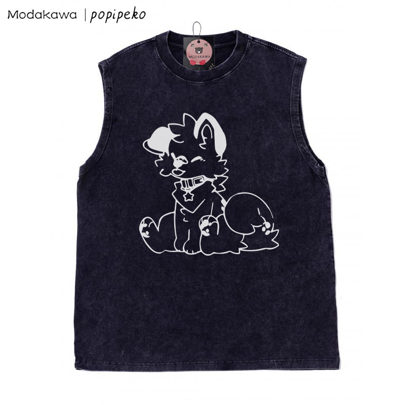 Unisex-T-Shirt mit Welpen-Grafik und herausgestreckter Zunge, Vintage-Waschung, ärmellos - Schwarz - 2XL - image 4