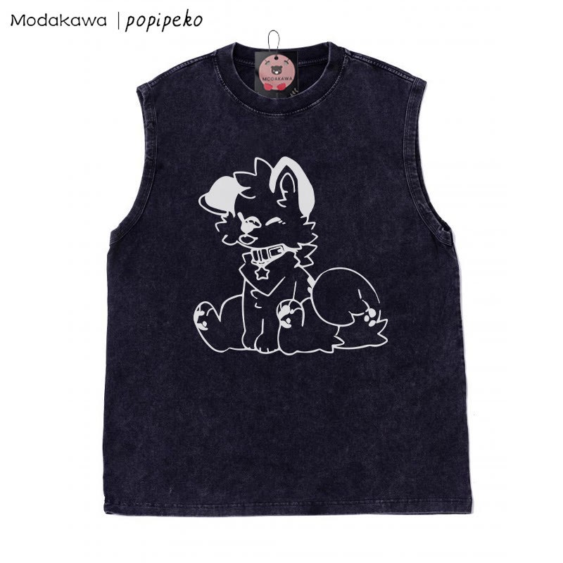 Unisex-T-Shirt mit Welpen-Grafik und herausgestreckter Zunge, Vintage-Waschung, ärmellos - Schwarz - 2XL - image 4