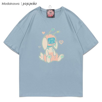 MODAKAWA X popipeko Robot Bunny Print T-Shirt - Dusty Blue - 5XL - image 8