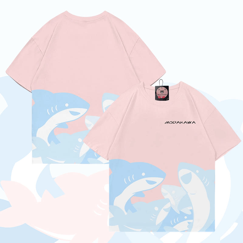MODAKAWA Lustiges Hai-Grafik-Allover-Print-T-Shirt - Pink - 5XL - image 3