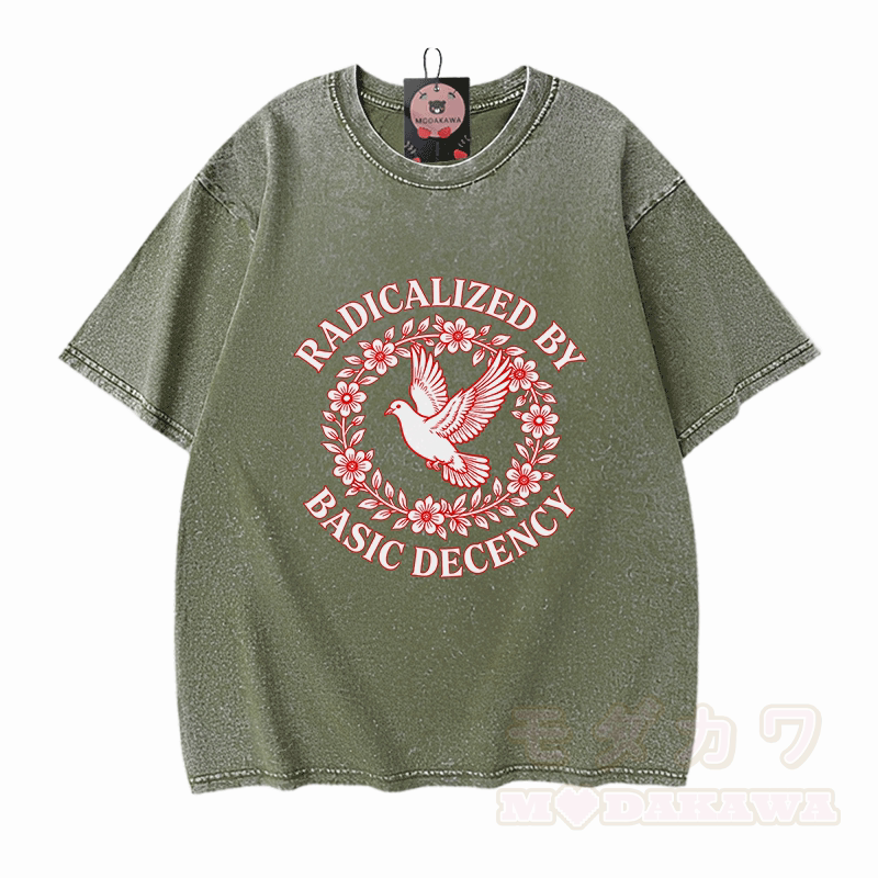 RADIKALISIERT DURCH GRUNDLEGENDE ANSTÄNDIGKEIT Taubengrafik Modakawa Vintage Washed 100% Baumwoll-T-Shirt - Grün - 5XL - image 9