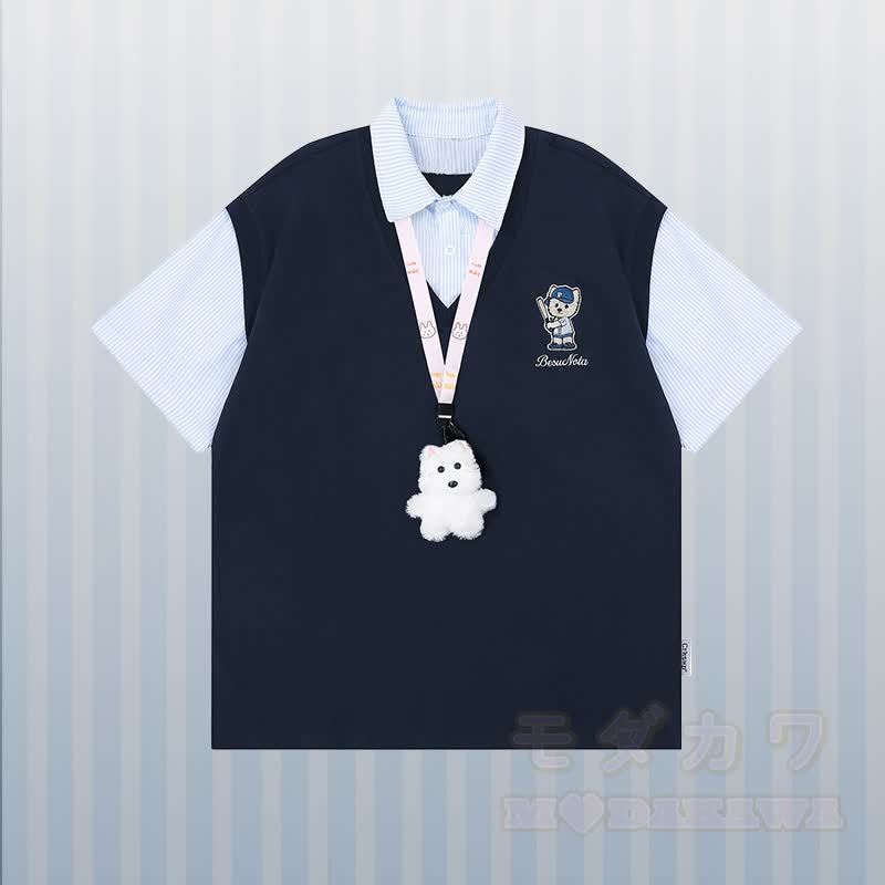 Polo-Shirt mit Welpenstickerei, Streifenmuster und Farben -Design, dazu passendes Outfit von Modakawa - Blaues T-Shirt - XL - image 4