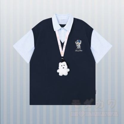 Polo-Shirt mit Welpenstickerei, Streifenmuster und Farben -Design, dazu passendes Outfit von Modakawa - Blaues T-Shirt - XL - image 4