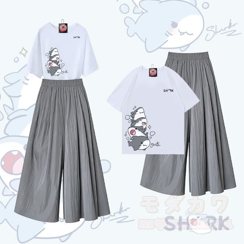 MODAKAWA X atka Sharks Graphic 100% Baumwolle T-Shirt und weite Hose Zweiteiliges Set - Weiß & Grau - XL - image 3