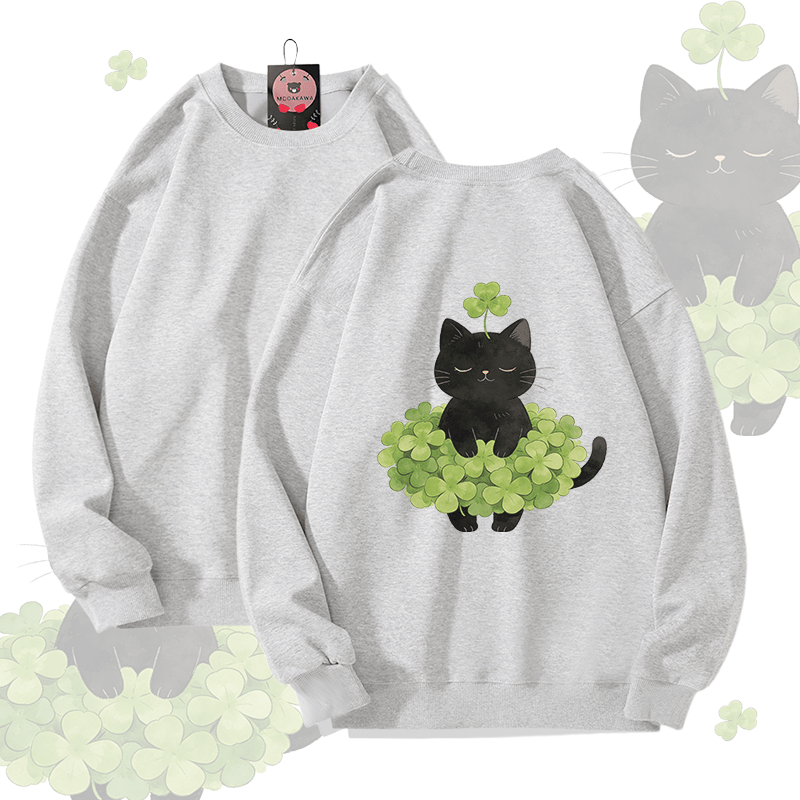 Modakawa Unisex-Sweatshirt mit vierblättrigem Kleeblatt und schwarzer Katze (Grafik) - Grey - 5XL - image 3