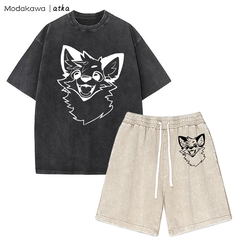 MODAKAWA X atka Fox T-Shirt Vintage Washed Shorts Zweiteiliges Set - Black&Apricot - 3XL - image 11