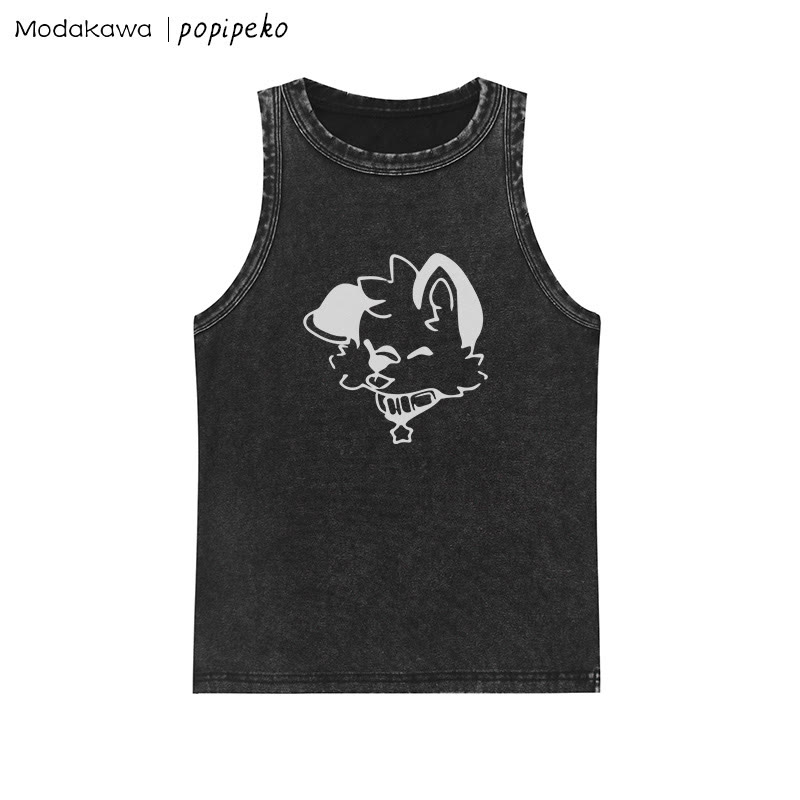 Ärmelloses T-Shirt mit verwaschenem Vintage-Schriftzug und Welpen-Grafik - Black - One Size - image 5