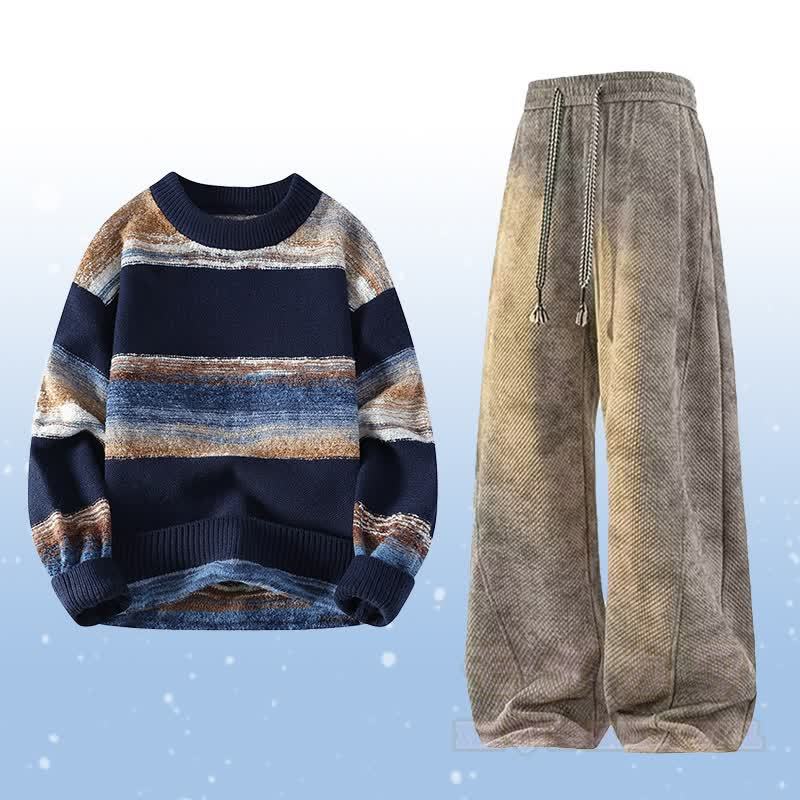 Zweiteiliges Set: Gestreifter Strickpullover und fleecegefütterte Hose - Satz C - 4XL - image 3