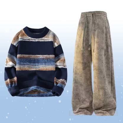 Zweiteiliges Set: Gestreifter Strickpullover und fleecegefütterte Hose - Satz C - 4XL - image 3