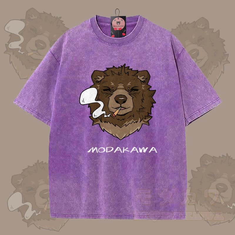 MODAKAWA Smoking Bear Grafik Unisex Vintage Washed T-Shirt - Lila - 5XL - image 7