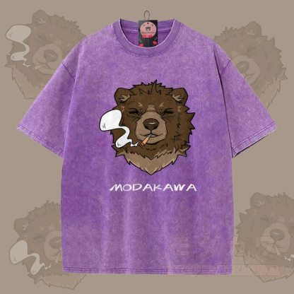MODAKAWA Smoking Bear Grafik Unisex Vintage Washed T-Shirt - Lila - 5XL - image 7