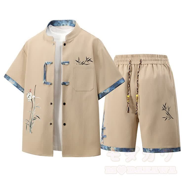 Dreiteiliges Set aus Hemd, T-Shirt und Shorts mit bestickten Froschknöpfen - Khaki - 3XL - image 3