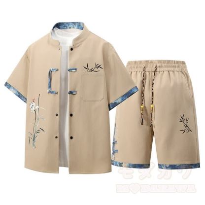 Dreiteiliges Set aus Hemd, T-Shirt und Shorts mit bestickten Froschknöpfen - Khaki - 3XL - image 3
