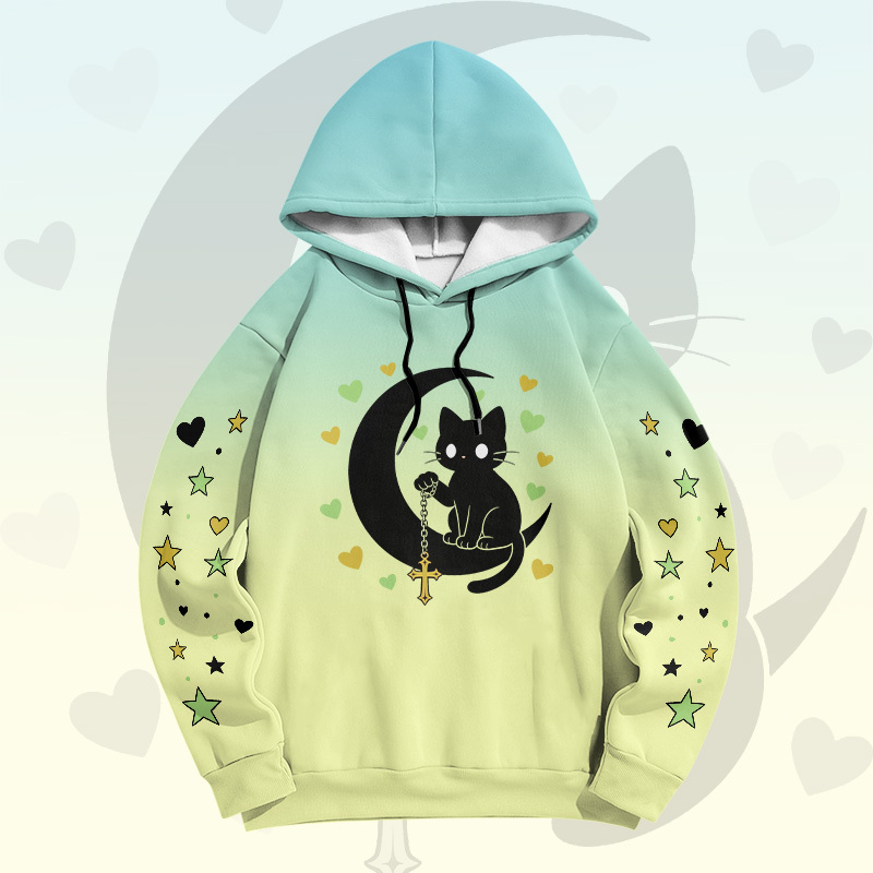 Modakawa Pullover-Hoodie mit Farbverlauf, schwarzer Katze und Mond-Grafik - Green - 6XL - image 7