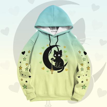 Modakawa Pullover-Hoodie mit Farbverlauf, schwarzer Katze und Mond-Grafik - Green - 6XL - image 7