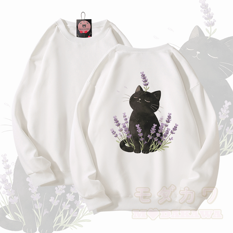 Modakawa Unisex-Sweatshirt mit Lavendel- und schwarzem Katzenmotiv - Weiß - 5XL - image 4
