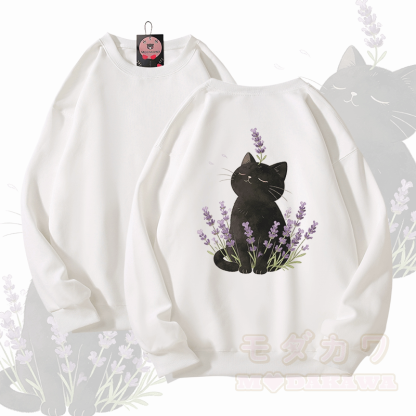 Modakawa Unisex-Sweatshirt mit Lavendel- und schwarzem Katzenmotiv - Weiß - 5XL - image 4