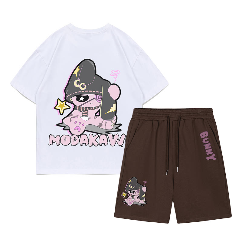 Unhappy Bunny Grafik Dunkle Ästhetik T-Shirt Shorts Zweiteiliges Set - Weiß&Braun - C - 5XL - image 9