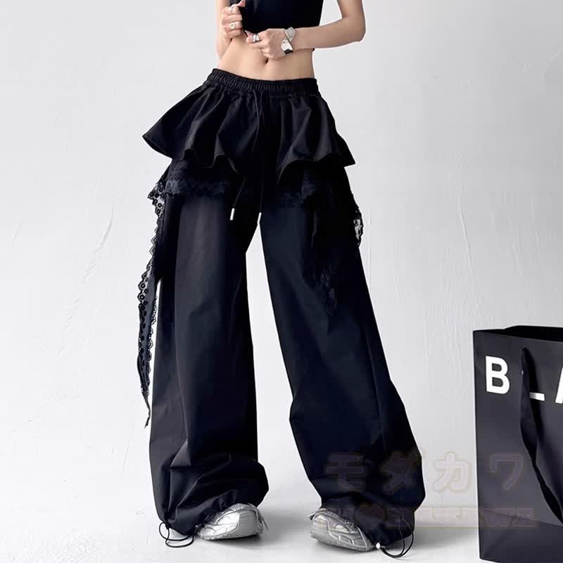 Y2K Punk Cropped Hoodie und Lace Ruffle Layered Pants Zweiteiliges Set - Schwarze Hose - 3XL - image 5