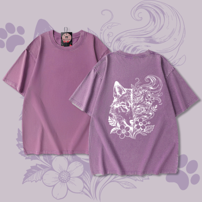 Modakawa Unisex Vintage Washed T-Shirt mit Wolfsblumenmuster - Purple - 5XL - image 5