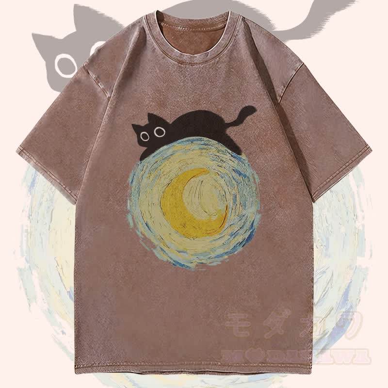 MODAKAWA Schwarze Katze auf dem Mond Grafik Unisex Vintage Washed T-Shirt - Braun - 4XL - image 3