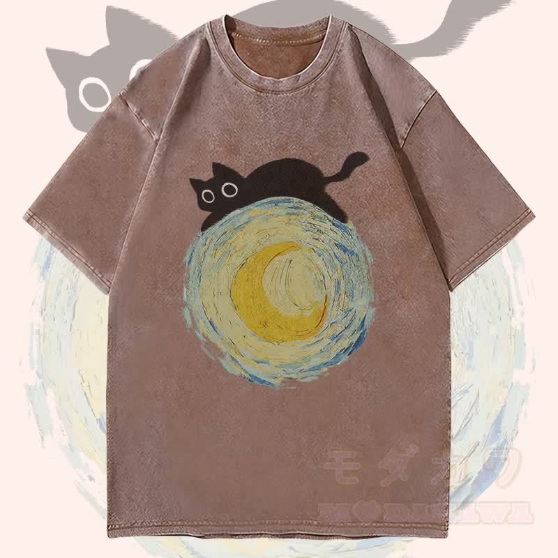 MODAKAWA Schwarze Katze auf dem Mond Grafik Unisex Vintage Washed T-Shirt - Braun - 4XL - image 3