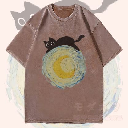 MODAKAWA Schwarze Katze auf dem Mond Grafik Unisex Vintage Washed T-Shirt - Braun - 4XL - image 3