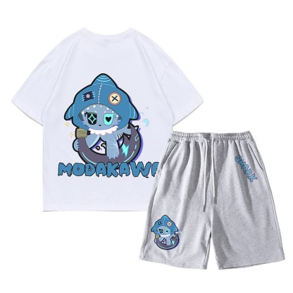 Verspieltes T-Shirt-Shorts-Set mit Hai-Grafik in dunkler Ästhetik, zweiteilig - Weiß&Grau - C - 5XL - image 12