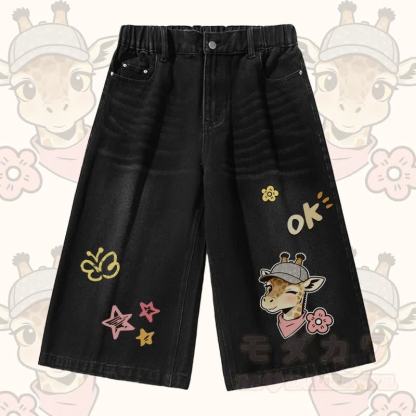 Giraffen-Modakawa Vintage-T-Shirt, Jeansshorts, passendes Outfit - Schwarze Shorts - 3XL - image 3