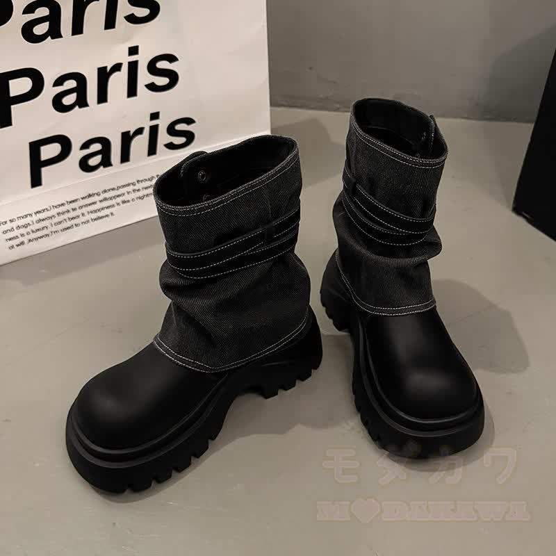 Vintage-Plateau-Ankle-Boots mit dicker Sohle, Patchwork-Design, seitlichem Reißverschluss und Martin-Stil - Schwarz - 40 - image 7