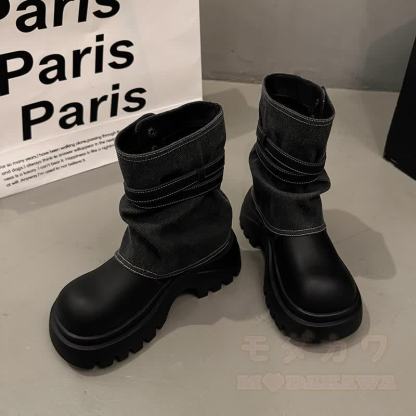 Vintage-Plateau-Ankle-Boots mit dicker Sohle, Patchwork-Design, seitlichem Reißverschluss und Martin-Stil - Schwarz - 40 - image 7