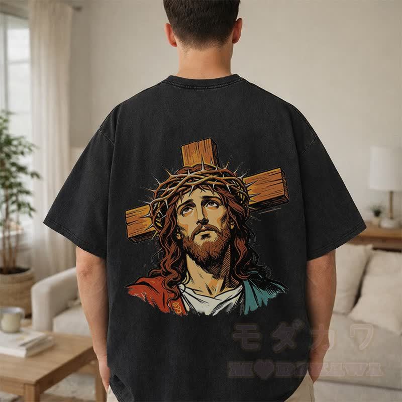 Modakawa Vintage-T-Shirt aus 100 % Baumwolle mit Kronen- und Kreuzmotiv - image 5