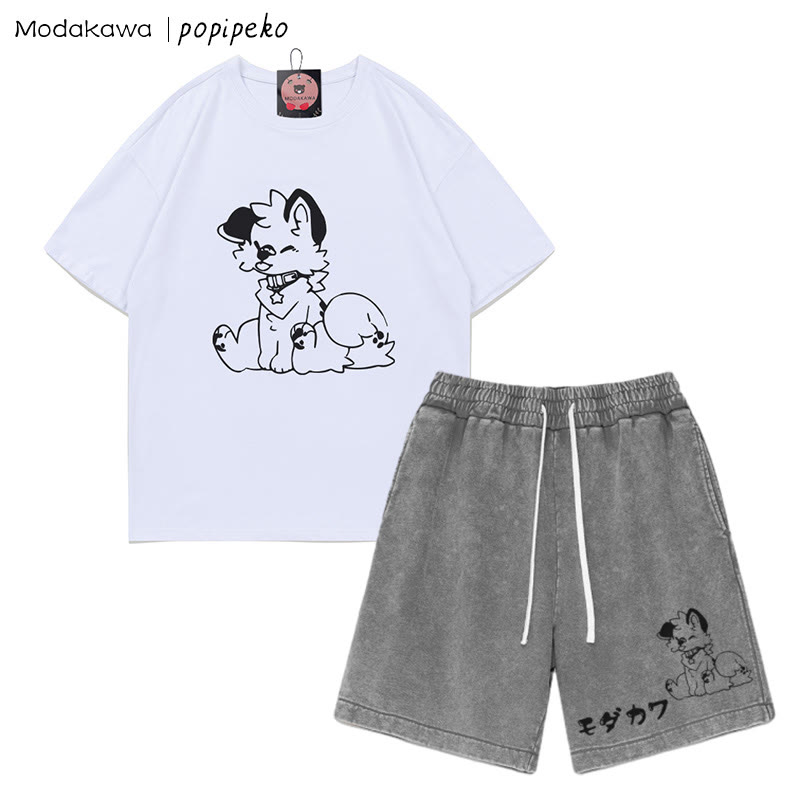 T-Shirt mit Welpen-Grafik und verwaschenen Vintage-Shorts, zweiteiliges Set - White&Grey - 3XL - image 8