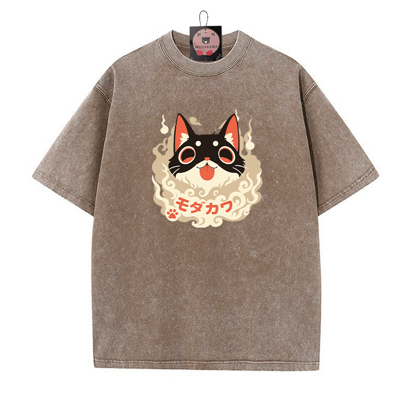 Verspieltes Unisex-T-Shirt mit Katzenzunge-herausgestreckter Grafik im Vintage-Look - Braun - 5XL - image 4