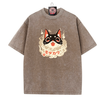 Verspieltes Unisex-T-Shirt mit Katzenzunge-herausgestreckter Grafik im Vintage-Look - Braun - 5XL - image 4