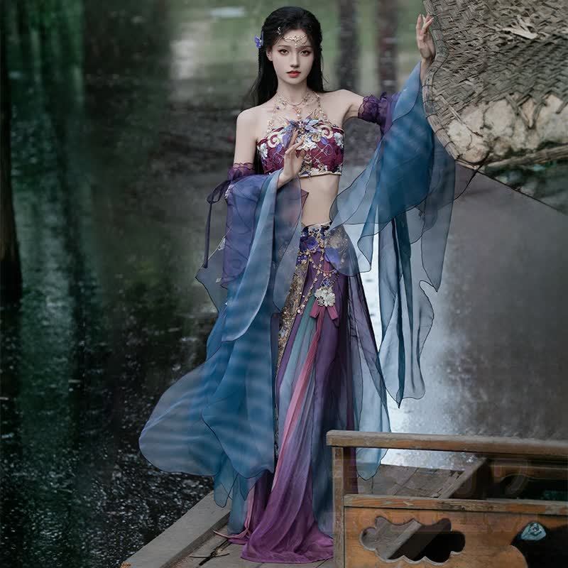 Vintage-Stickerei, trägerloses Top, Maxirock, fließende Ärmel, transparenter Übermantel, passendes Outfit - Dreiteiliges Set - XL - image 5