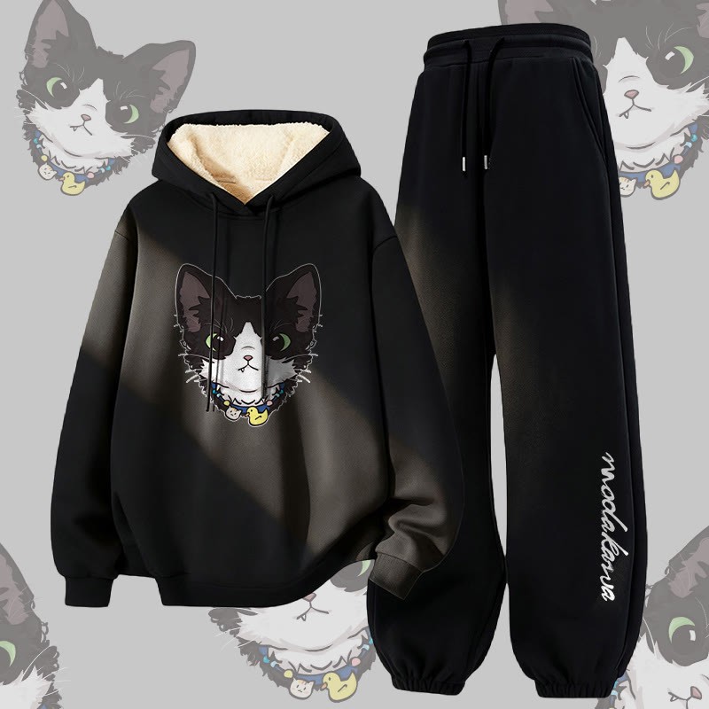MODAKAWA Zweiteiliges Set aus Hoodie und Hose mit niedlichem Katzenmotiv, dick gefüttert mit Fleece - Black - 5XL - image 4