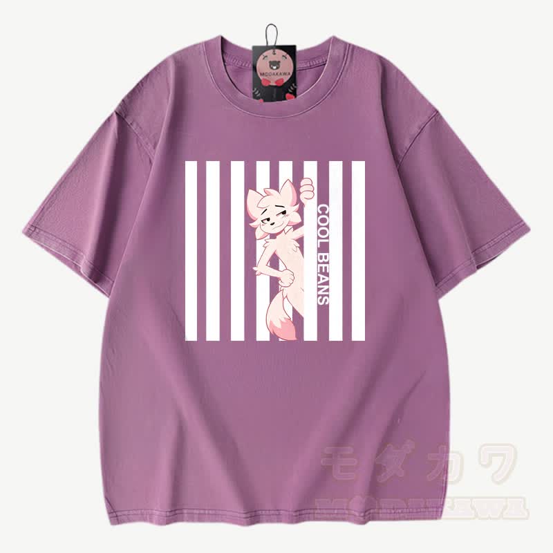 COOL BEANS Anime Fuchs Grafik Modakawa Vintage gewaschenes T-Shirt aus 100% Baumwolle - Lila - 3XL - image 6