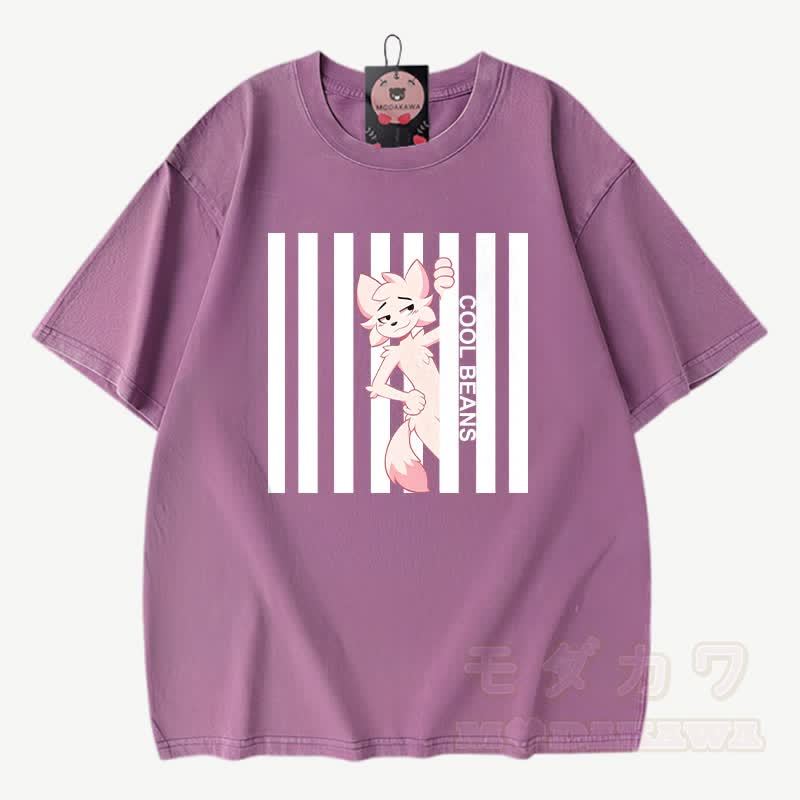 COOL BEANS Anime Fuchs Grafik Modakawa Vintage gewaschenes T-Shirt aus 100% Baumwolle - Lila - 3XL - image 6
